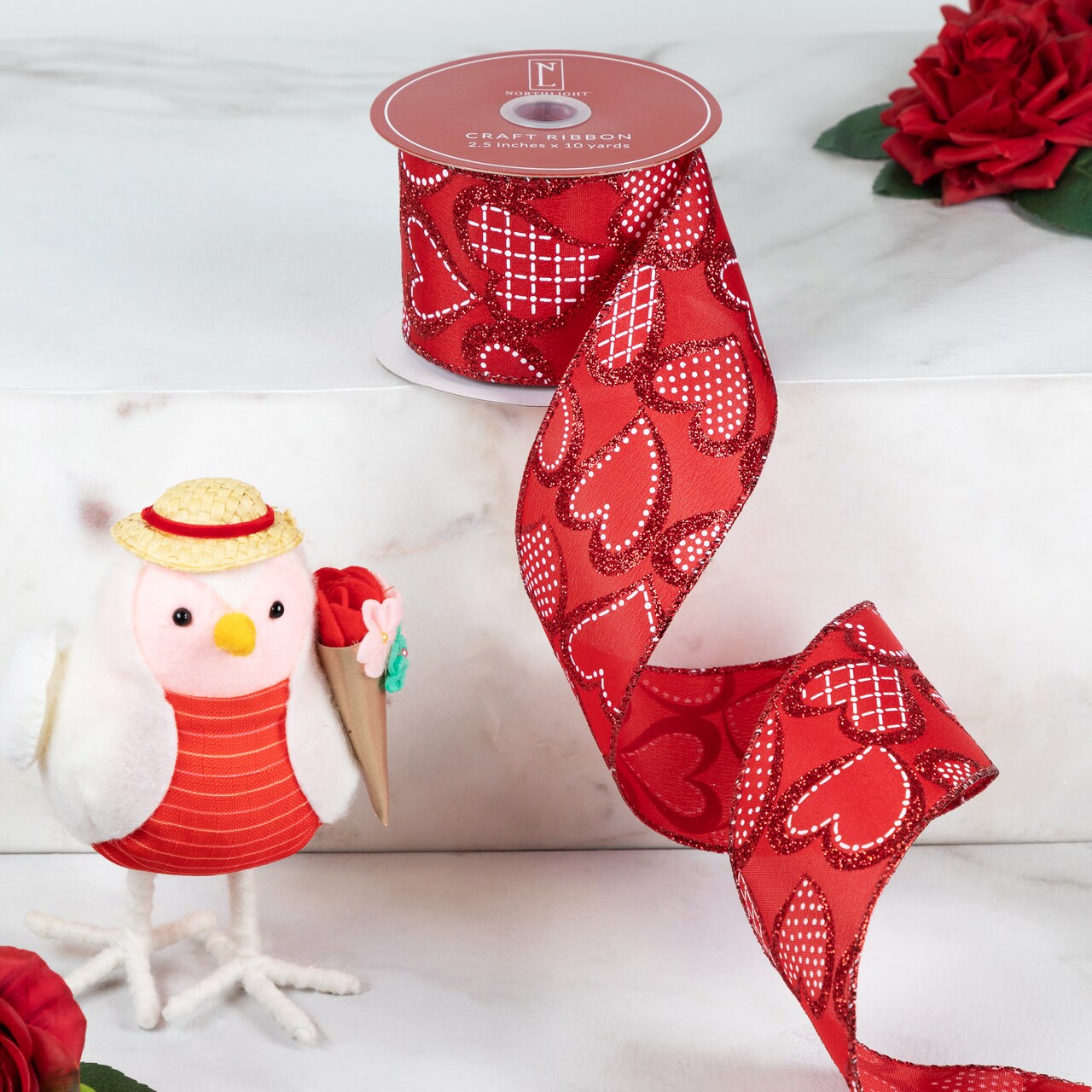 Northlight Hearts Valentine's Day Glittered Wired Craft Ribbon - 2.5" x 10 Yards - Red and White
